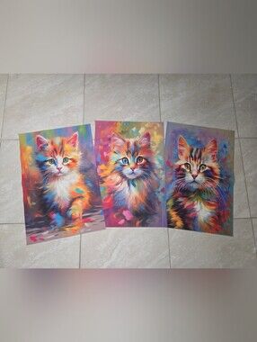 Set of 3 Colorful Cat Canvas Art Prints Abstract Kitten Wall Decor Unframed, EUC